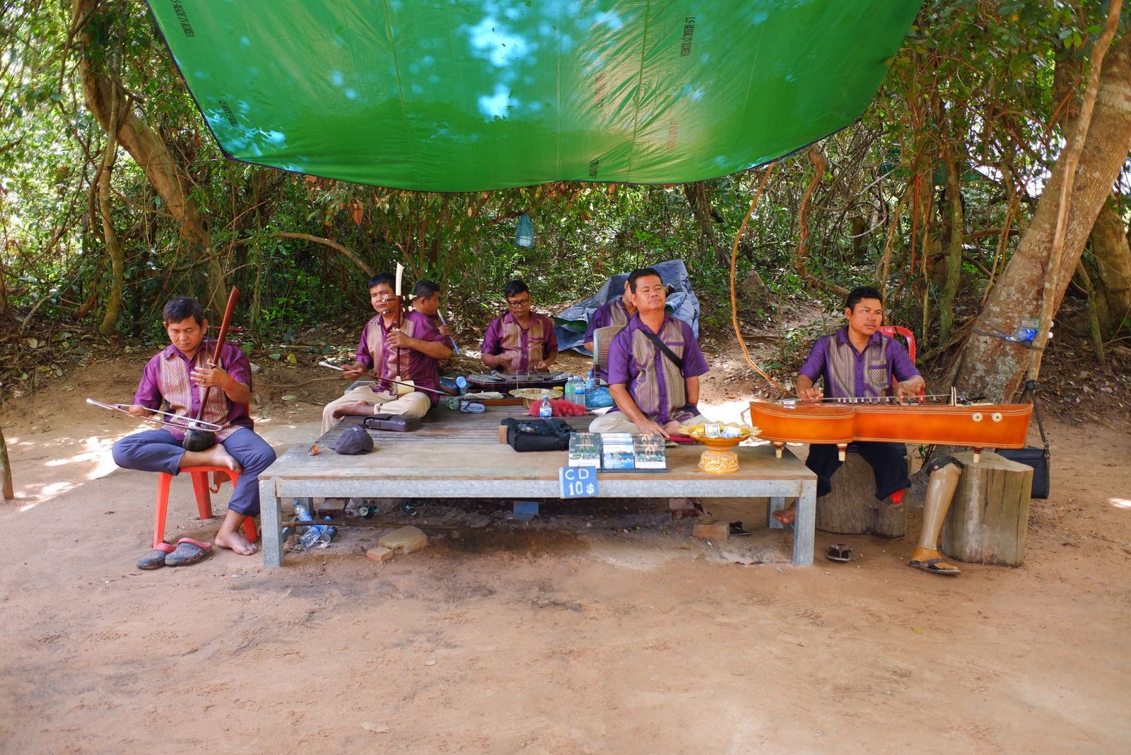 A group of Cambodian musicians in matching purple shirts playing traditional instruments under a green tarp in the forest